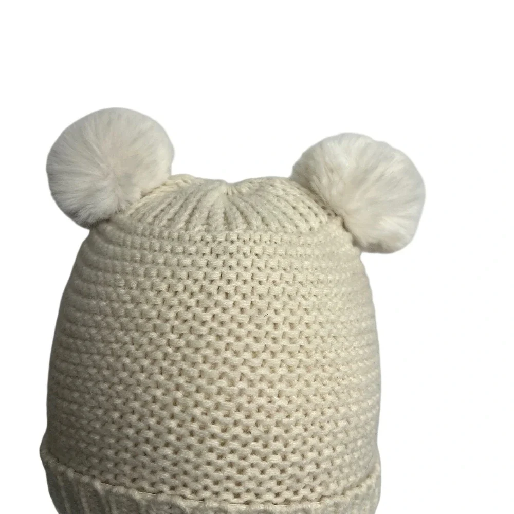 Zara Baby Bear Ear Knit Hat‎ Cream White Pom Pom Winter Toddler